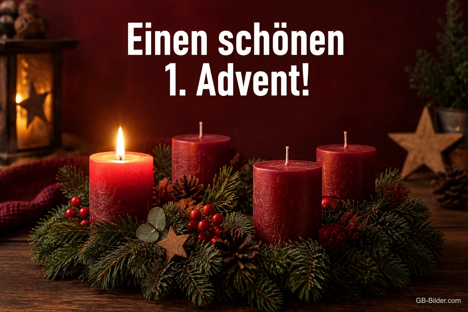 Adventskranz mit roten Kerzen, Text: Einen schönen 1 Adventskranz mit roten Kerzen, Text: Einen schönen 1