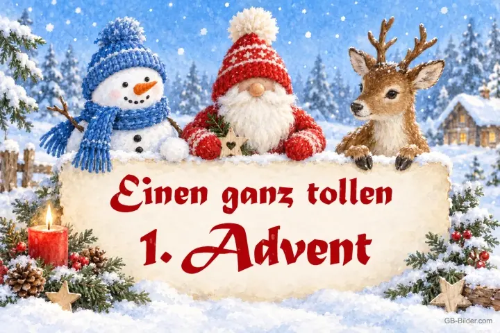 Schneemann, Wichtel und Reh im Schnee, Text: Einen ganz tollen 1