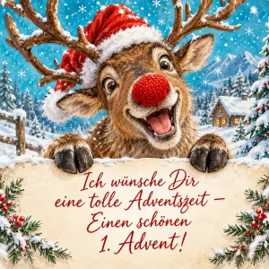 Rentier mit Weihnachtsmütze und roter Nase lacht über einem Schild, Text: Ich wünsche Dir eine tolle Adventszeit – Einen schönen 1. Advent!