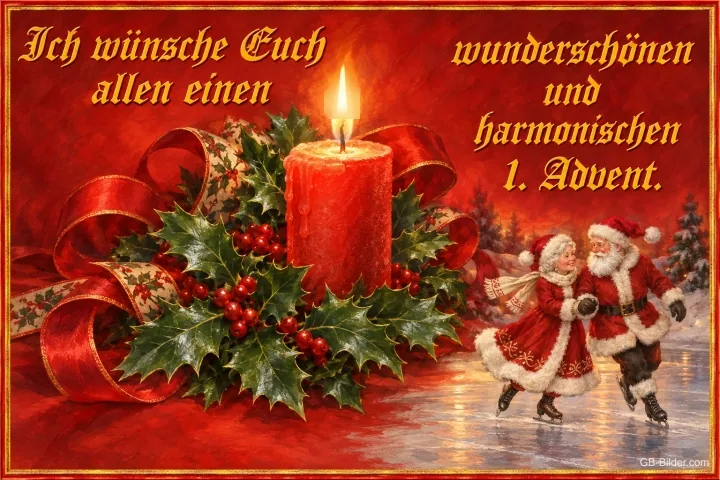Adventskerze mit Schlittschuhpaar, Text: Ich wünsche Euch allen einen wunderschönen und harmonischen 1