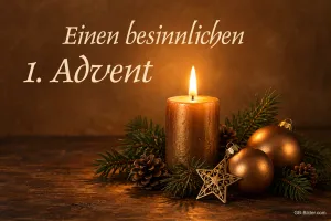 Kerze mit goldenen Kugeln, Text: Einen besinnlichen 1