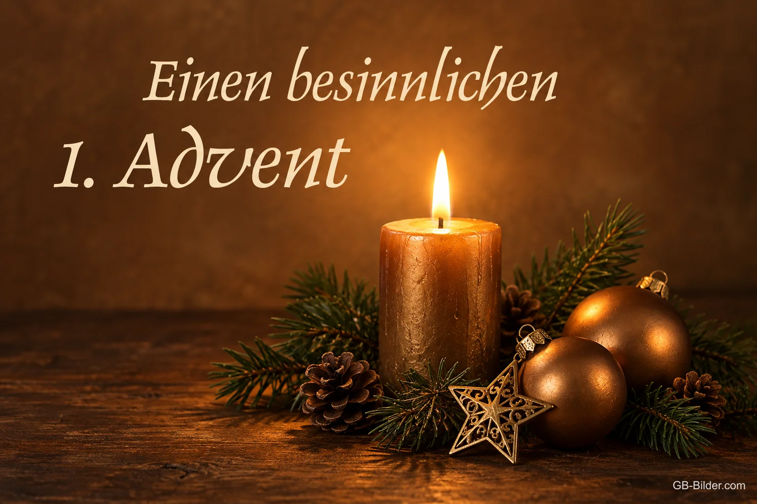 Kerze mit goldenen Kugeln, Text: Einen besinnlichen 1