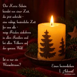 Kerze mit Tannenmotiv, Adventsgedicht, Text: Der Kerze Schein kündet von einer Zeit, die jetzt anbricht