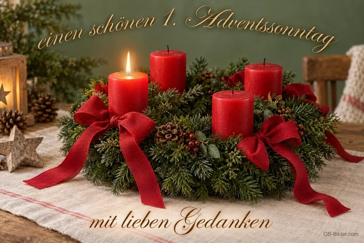 Adventskranz mit roten Kerzen und Schleifen, eine Kerze brennt, Text: einen schönen 1. Adventssonntag mit lieben Gedanken