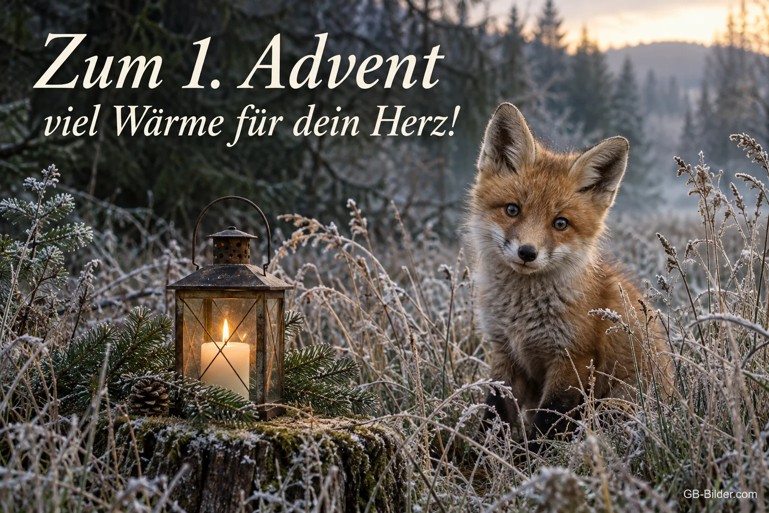 Junger Fuchs neben einer leuchtenden Laterne auf einer frostigen Wiese, Text: Zum 1. Advent viel Wärme für dein Herz! Junger Fuchs neben einer leuchtenden Laterne auf einer frostigen Wiese, Text: Zum 1. Advent viel Wärme für dein Herz!
