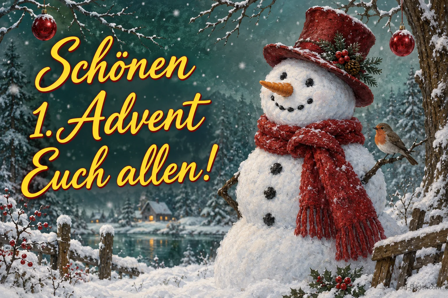Schneemann mit rotem Hut und Schal im verschneiten Wald, daneben ein Rotkehlchen, Text: Schönen 1. Advent Euch allen!