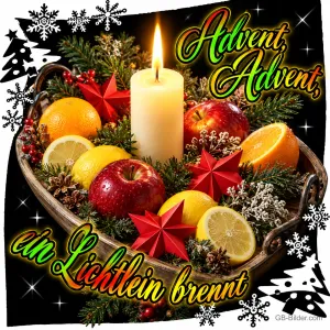 Brennende Kerze in einer Schale mit Äpfeln, Orangen und roten Sternen, Text: Advent, Advent, ein Lichtlein brennt