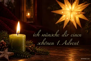 Brennende grüne Kerze neben einem leuchtenden Stern, Text: Ich wünsche dir einen schönen 1. Advent