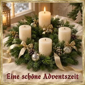 Adventskranz mit vier weißen Kerzen, eine davon brennt, Text: Eine schöne Adventszeit