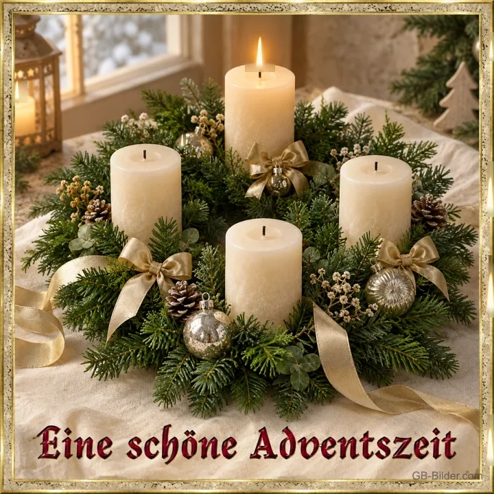 Adventskranz mit vier weißen Kerzen, eine davon brennt, Text: Eine schöne Adventszeit