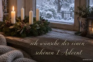 Adventsgesteck am Fenster, Text: ich wünsche dir einen schönen 1