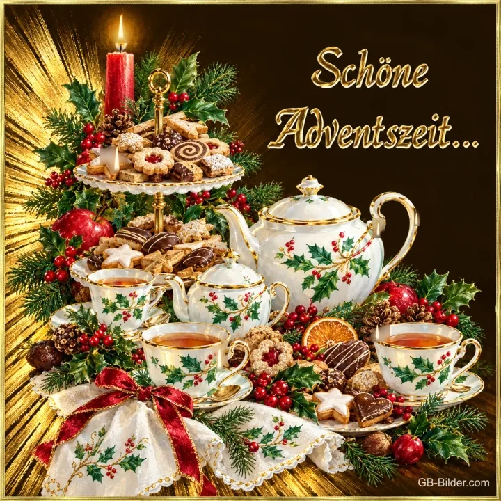 Weihnachtliches Teeservice mit Plätzchen-Etagere und brennender roter Kerze, Text: Schöne Adventszeit… Weihnachtliches Teeservice mit Plätzchen-Etagere und brennender roter Kerze, Text: Schöne Adventszeit…