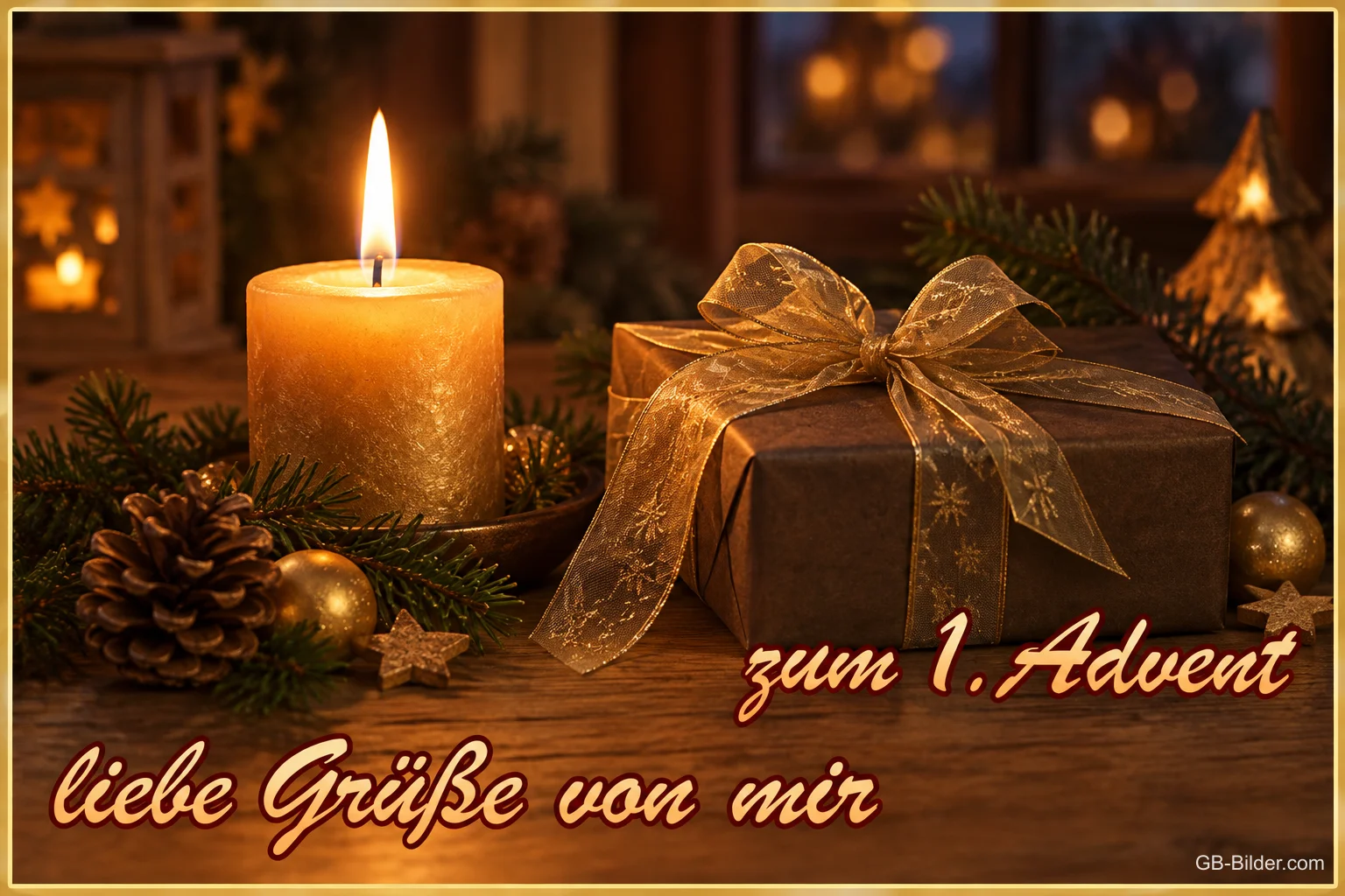 Brennende Kerze neben einem Geschenk mit goldener Schleife, Text: zum 1. Advent liebe Grüße von mir