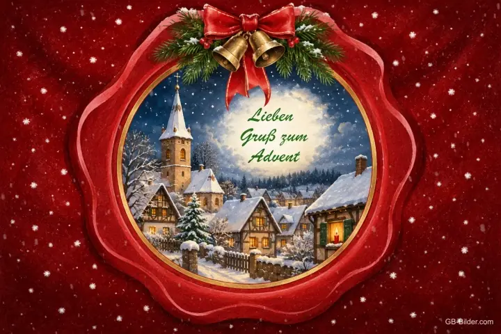 Verschneites Dorf im roten Kranz mit Glocken, Text: Lieben Gruß zum Advent