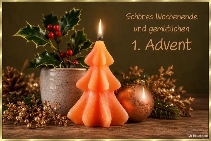 Brennende Tannenbaum-Kerze mit Stechpalme, Text: Schönes Wochenende und gemütlichen 1. Advent