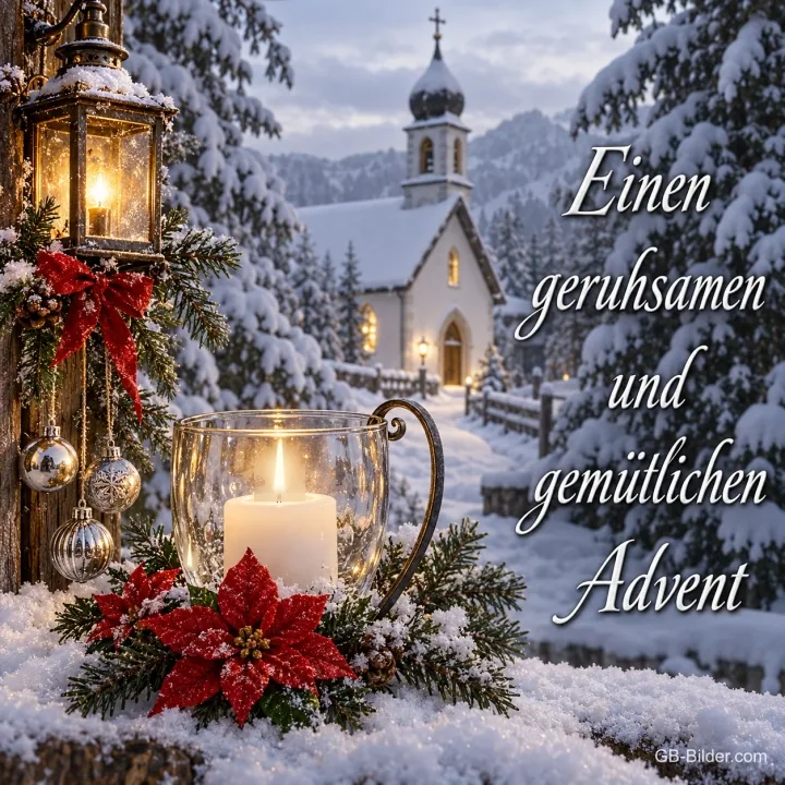 Kerze im Glas vor verschneiter Kapelle, Text: Einen geruhsamen und gemütlichen Advent