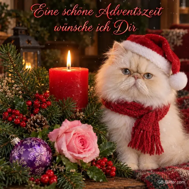 Perserkatze mit Weihnachtsmütze und Kerze, Text: Eine schöne Adventszeit wünsche ich dir