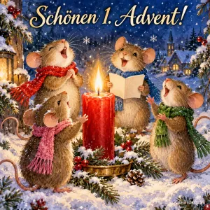 Mäuse mit Schals singen um eine brennende rote Kerze im Schnee, Text: Schönen 1. Advent!