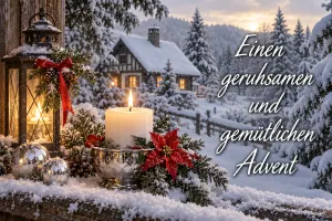 Brennende Kerze mit Weihnachtsstern vor einem verschneiten Fachwerkhaus, Text: Einen geruhsamen und gemütlichen Advent