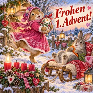 Hase im roten Mantel tanzt im Schnee, zweiter Hase liegt auf einem Schlitten, vier rote Kerzen, eine brennt, Text: Frohen 1. Advent!