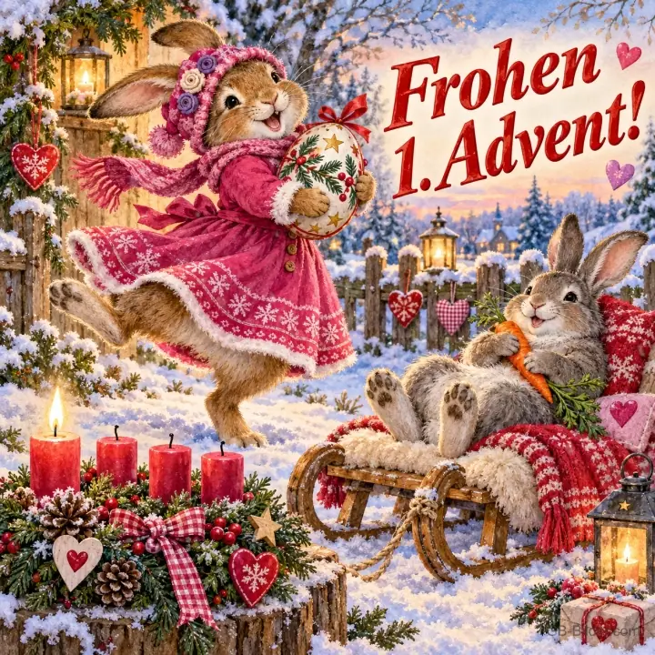 Hase im roten Mantel tanzt im Schnee, zweiter Hase liegt auf einem Schlitten, vier rote Kerzen, eine brennt, Text: Frohen 1. Advent!