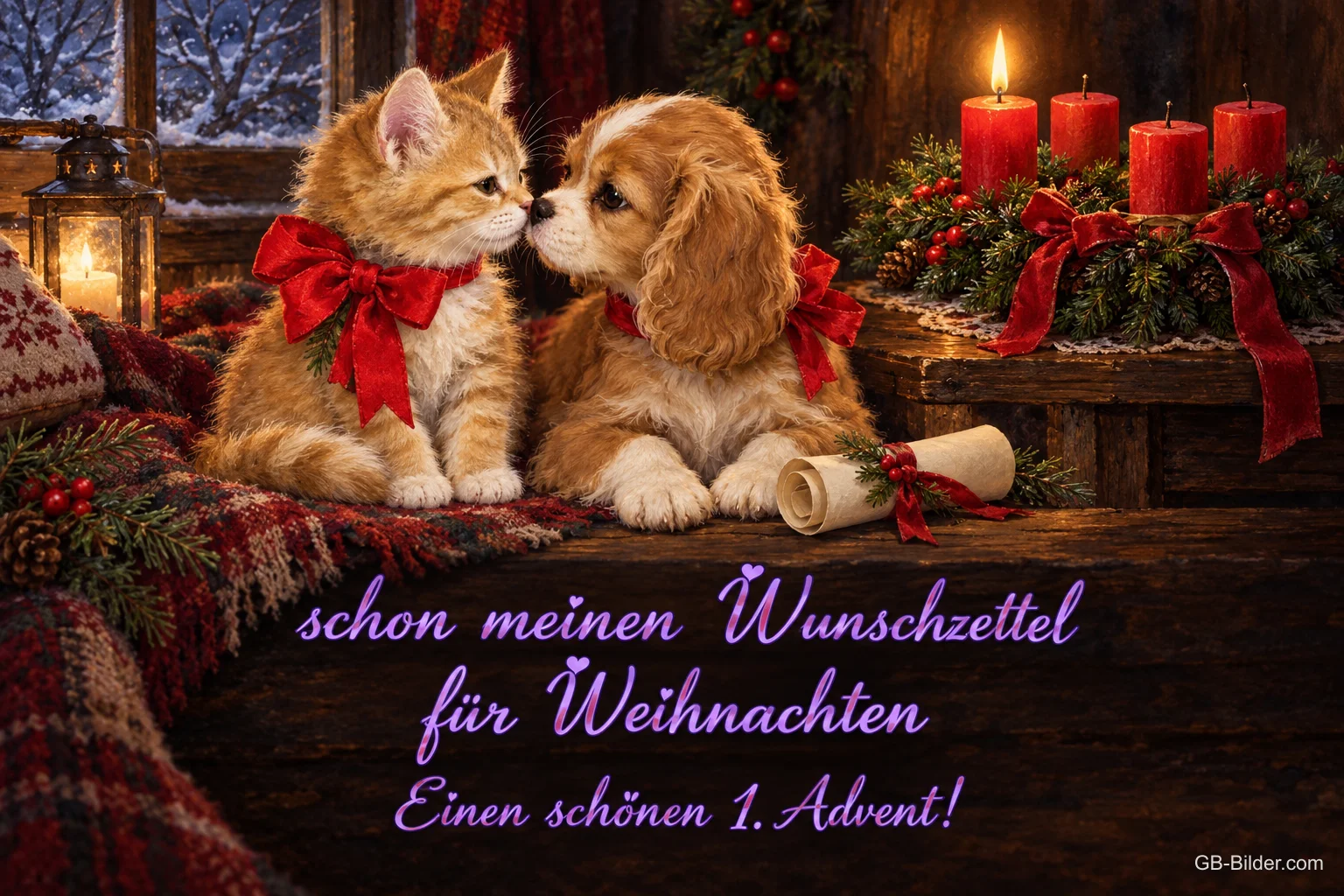 Kätzchen und Spaniel-Welpe mit roten Schleifen vor einem Kaminzimmer, Text: schon meinen Wunschzettel für Weihnachten – Einen schönen 1. Advent!