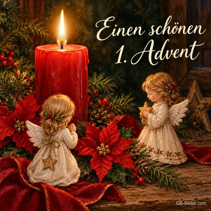Zwei Engel vor einer roten Kerze, Text: Einen schönen 1. Advent