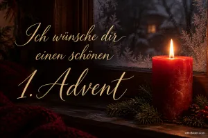 Brennende rote Kerze am Fenster mit Eisblumen, Text: Ich wünsche dir einen schönen 1. Advent