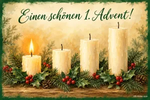 Vier weiße Kerzen mit Stechpalme, Text: Einen schönen 1. Advent!