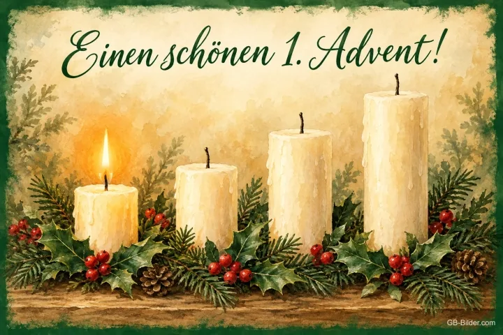 Vier weiße Kerzen mit Stechpalme, Text: Einen schönen 1. Advent!