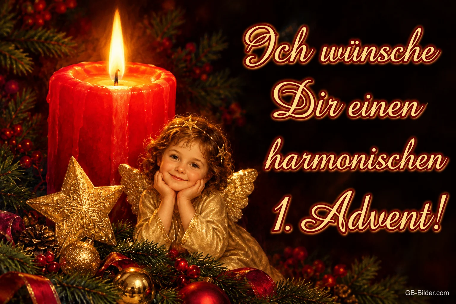 Kleiner Engel stützt den Kopf neben einer brennenden roten Kerze und einem goldenen Stern, Text: Ich wünsche Dir einen harmonischen 1. Advent!
