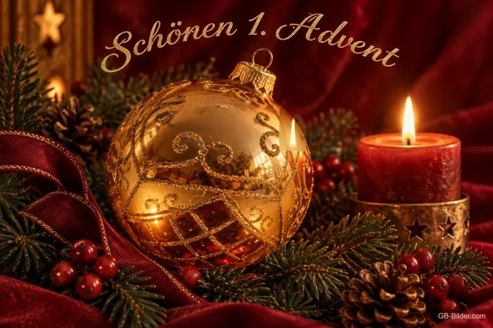 Goldene Weihnachtskugel mit Kerze, Text: Schönen 1. Advent