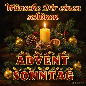 Kerze zwischen Tannenzweigen, Text: Wünsche Dir einen schönen Advent-Sonntag