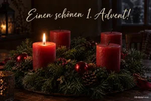 Adventskranz mit vier roten Kerzen, eine davon brennt, Text: Einen schönen 1. Advent!