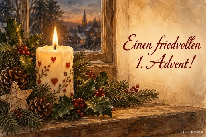 Herzkerze am Fenster, Text: Einen friedvollen 1 Herzkerze am Fenster, Text: Einen friedvollen 1