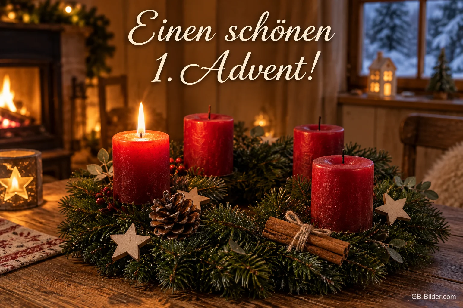 Adventskranz mit roten Kerzen und Zimtstangen, eine Kerze brennt, Text: Einen schönen 1. Advent!