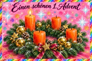 Adventskranz mit vier orangen Kerzen, eine brennt, Glitzersterne auf Rosa, Text: Einen schönen 1. Advent