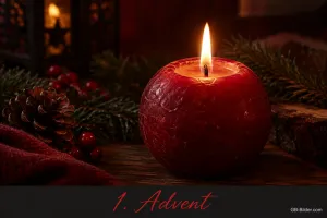 Brennende rote Kugelkerze neben Tannenzapfen, Text: 1. Advent