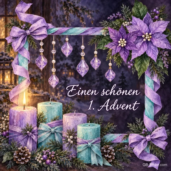 Lila Kerzen mit Weihnachtssternen, Text: Einen schönen 1 Lila Kerzen mit Weihnachtssternen, Text: Einen schönen 1