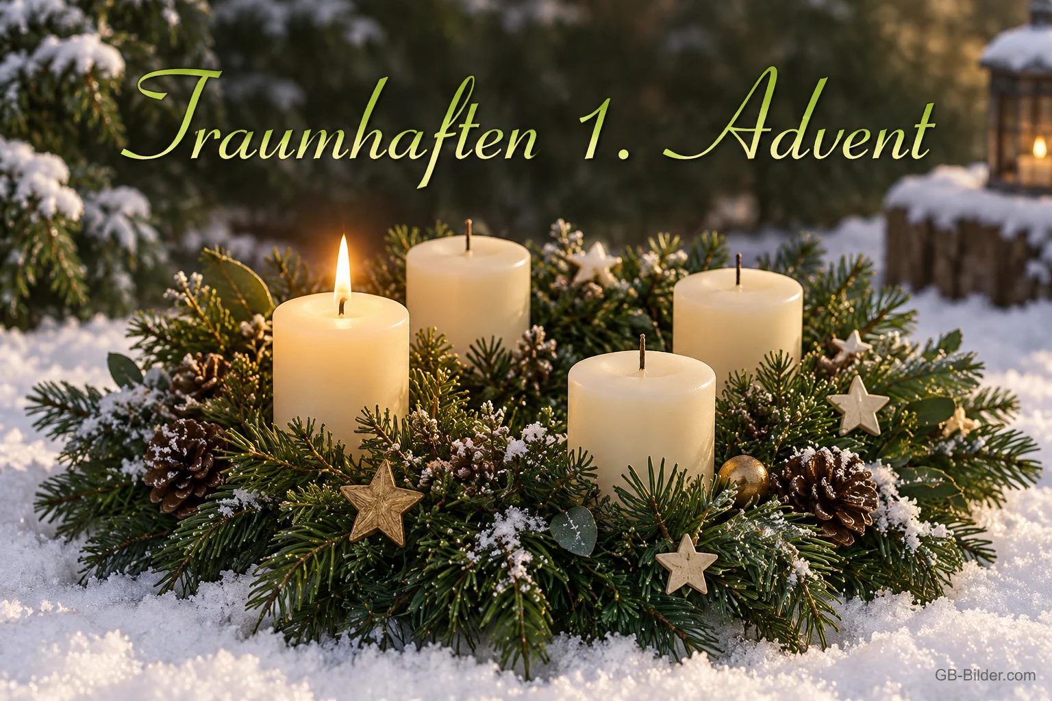 Adventskranz mit vier weißen Kerzen im Schnee, eine brennt, Text: Traumhaften 1. Advent