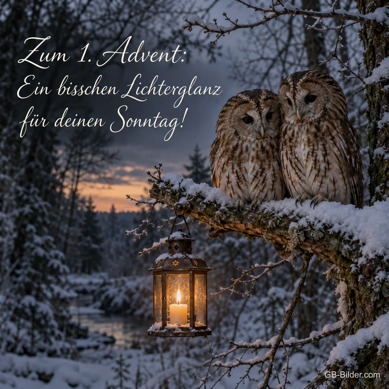 Zwei Eulen auf einem verschneiten Ast über einem Bach, darunter eine leuchtende Laterne, Text: Zum 1. Advent: Ein bisschen Lichterglanz für deinen Sonntag! Zwei Eulen auf einem verschneiten Ast über einem Bach, darunter eine leuchtende Laterne, Text: Zum 1. Advent: Ein bisschen Lichterglanz für deinen Sonntag!