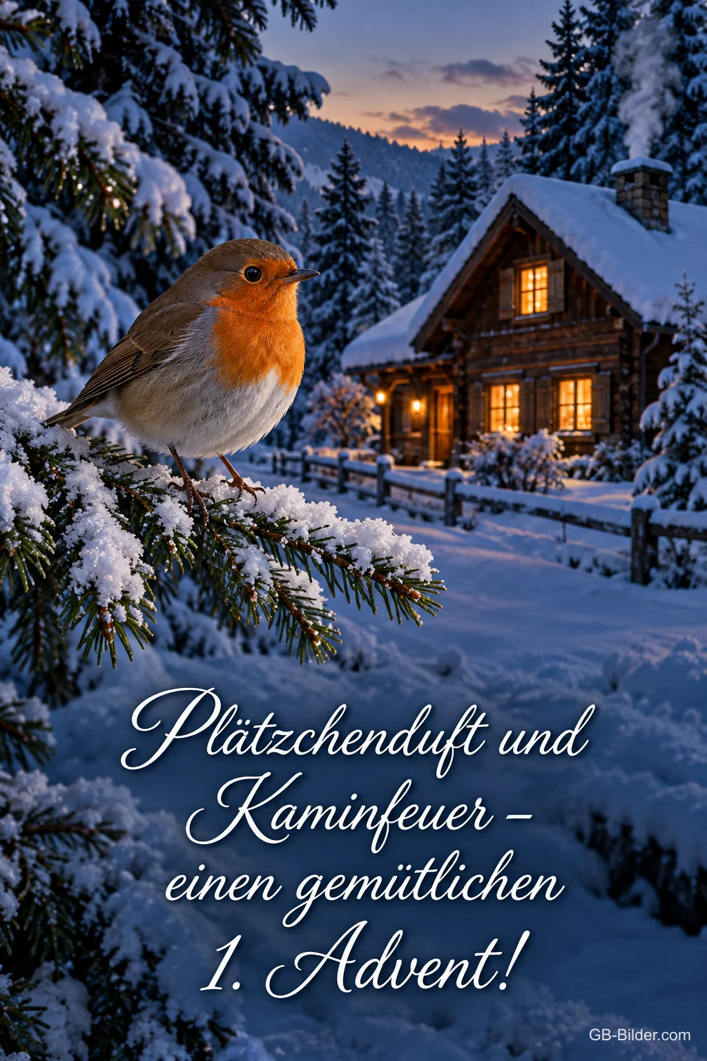 Verschneite Blockhütte mit leuchtenden Fenstern, davor ein Rotkehlchen auf einem Tannenzweig, Text: Plätzchenduft und Kaminfeuer – einen gemütlichen 1. Advent! Verschneite Blockhütte mit leuchtenden Fenstern, davor ein Rotkehlchen auf einem Tannenzweig, Text: Plätzchenduft und Kaminfeuer – einen gemütlichen 1. Advent!