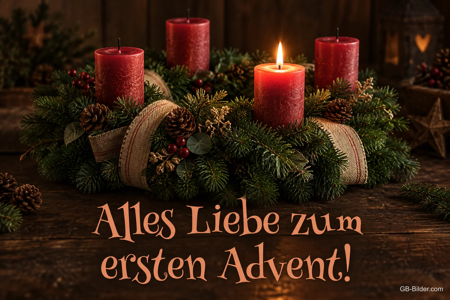Adventskranz mit roten Kerzen und Jutebändern, eine Kerze brennt, Text: Alles Liebe zum ersten Advent!