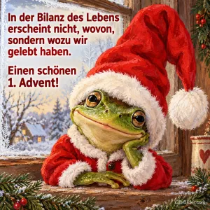 Frosch mit Weihnachtsmütze und Mantel stützt das Kinn am verschneiten Fenster, Text: In der Bilanz des Lebens erscheint nicht, wovon, sondern wozu wir gelebt haben. Einen schönen 1. Advent!