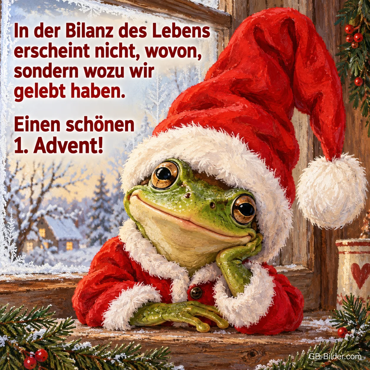 Frosch mit Weihnachtsmütze und Mantel stützt das Kinn am verschneiten Fenster, Text: In der Bilanz des Lebens erscheint nicht, wovon, sondern wozu wir gelebt haben. Einen schönen 1. Advent!