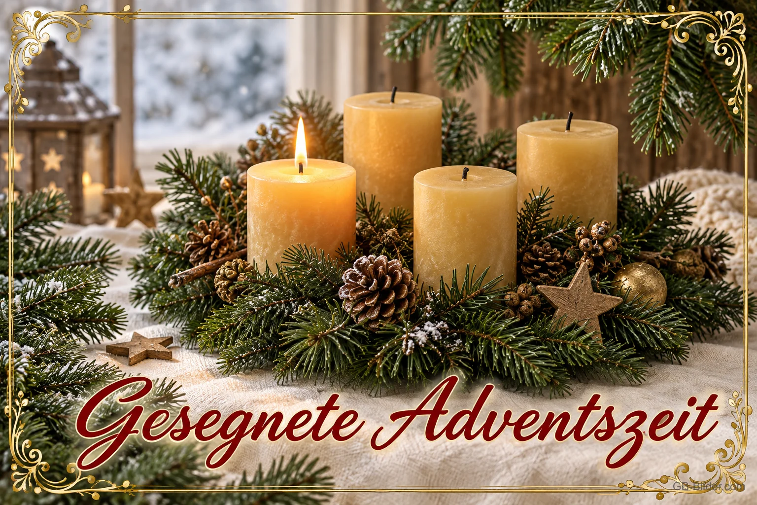 Adventskranz mit vier weißen Kerzen, eine davon brennt, Text: Gesegnete Adventszeit