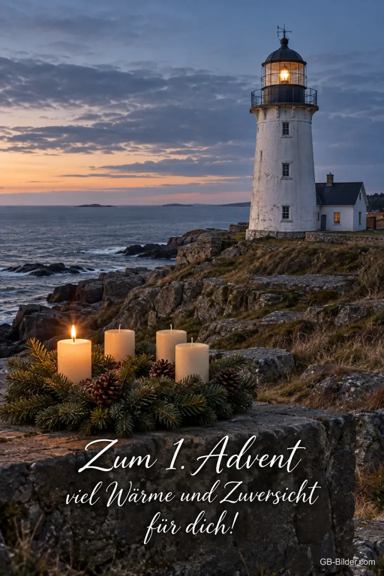 Leuchtturm an der Küste in der Abenddämmerung, davor ein Adventskranz mit einer brennenden Kerze, Text: Zum 1. Advent viel Wärme und Zuversicht für dich!