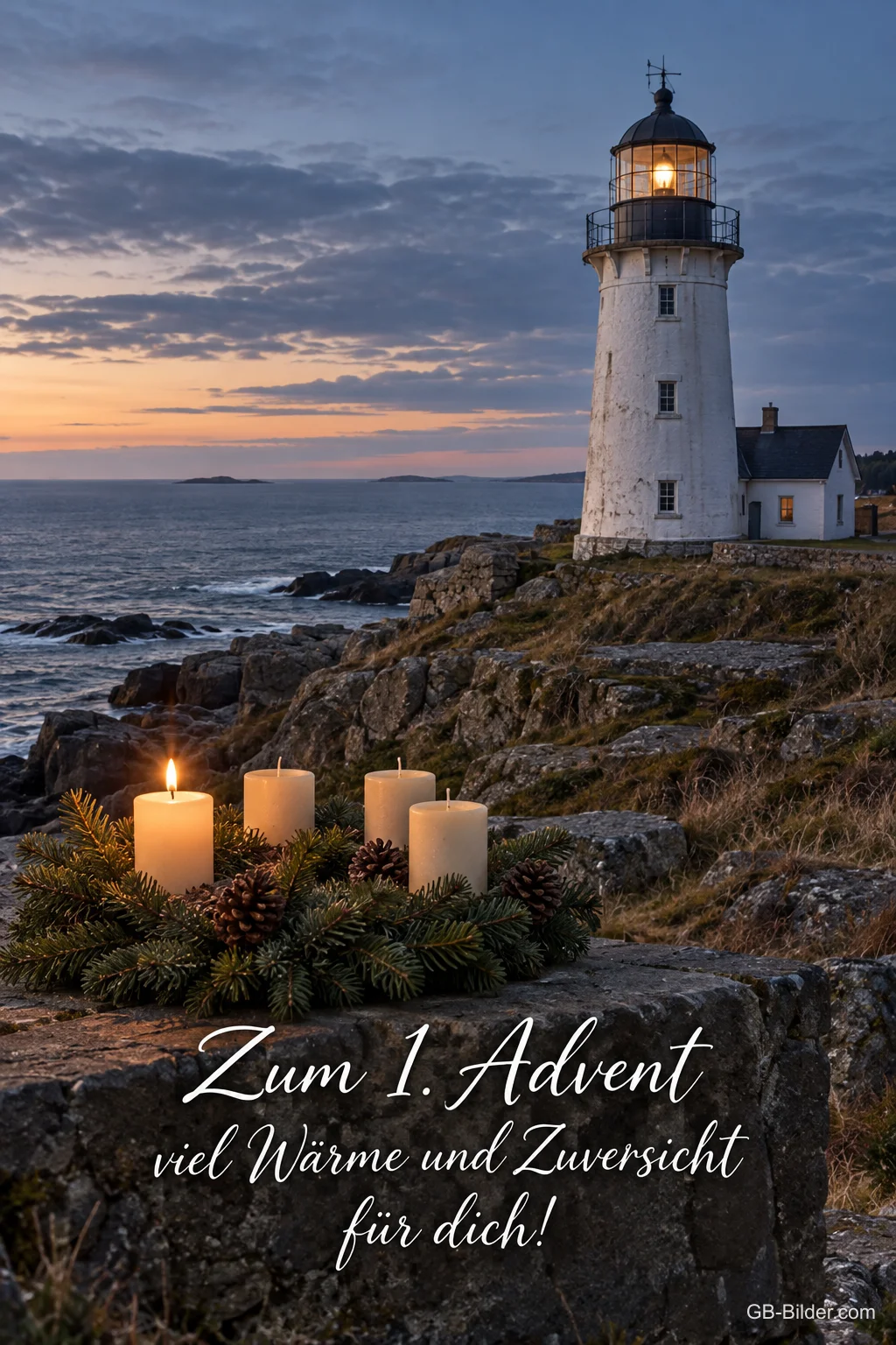Leuchtturm an der Küste in der Abenddämmerung, davor ein Adventskranz mit einer brennenden Kerze, Text: Zum 1. Advent viel Wärme und Zuversicht für dich! Leuchtturm an der Küste in der Abenddämmerung, davor ein Adventskranz mit einer brennenden Kerze, Text: Zum 1. Advent viel Wärme und Zuversicht für dich!