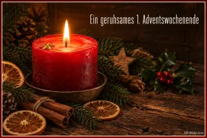 Brennende rote Kerze mit Zimtstangen und Orangenscheiben, Text: Ein geruhsames 1. Adventswochenende
