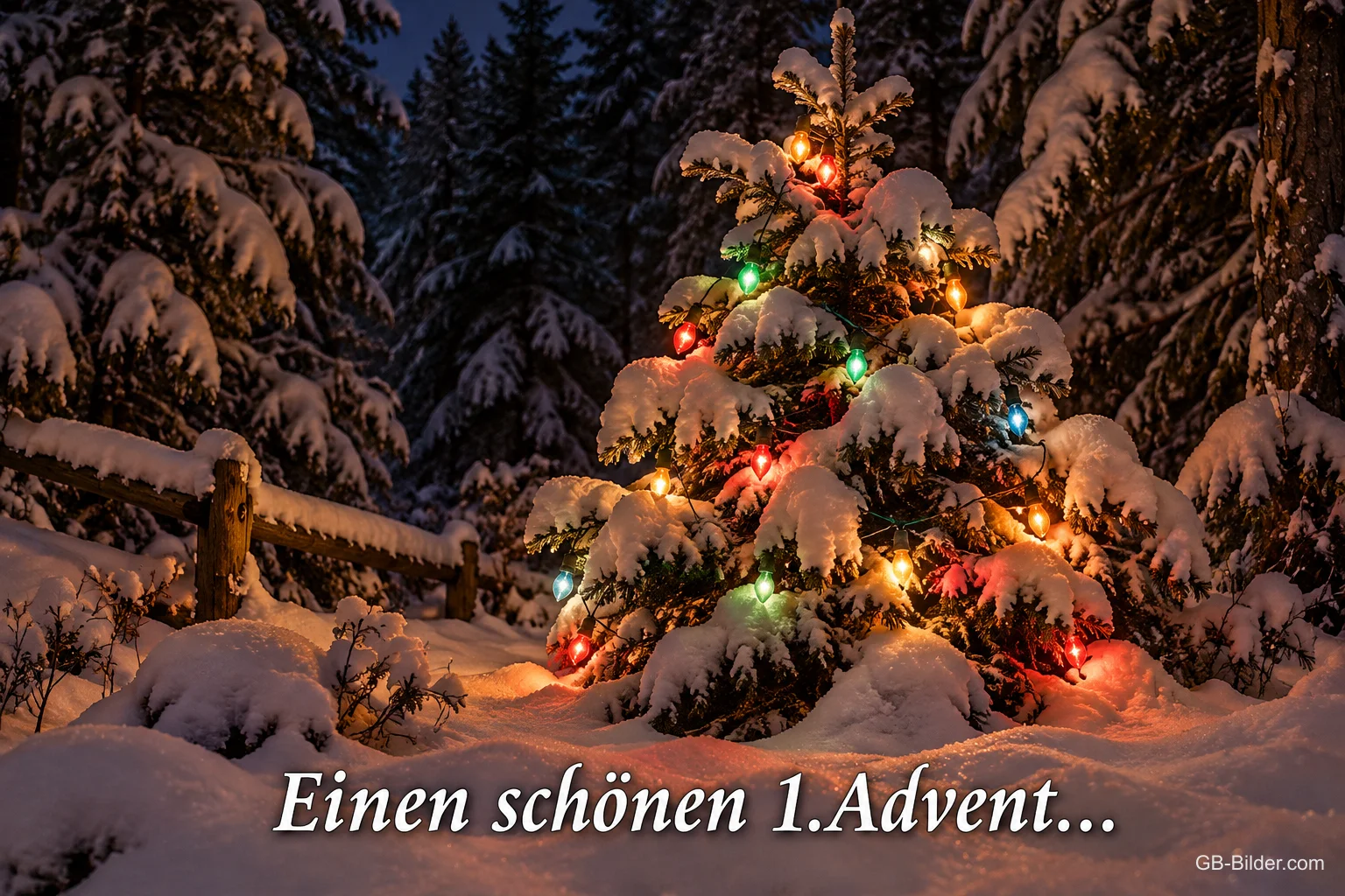 Verschneiter Tannenbaum mit bunten Lichtern im Wald, Text: Einen schönen 1. Advent…